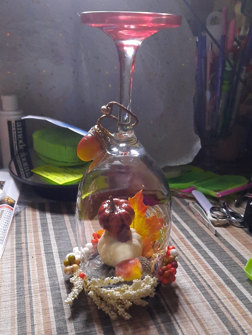 Handcrafted Autumn Wine Glass Candle Holder with Red Stem and Fall Accents